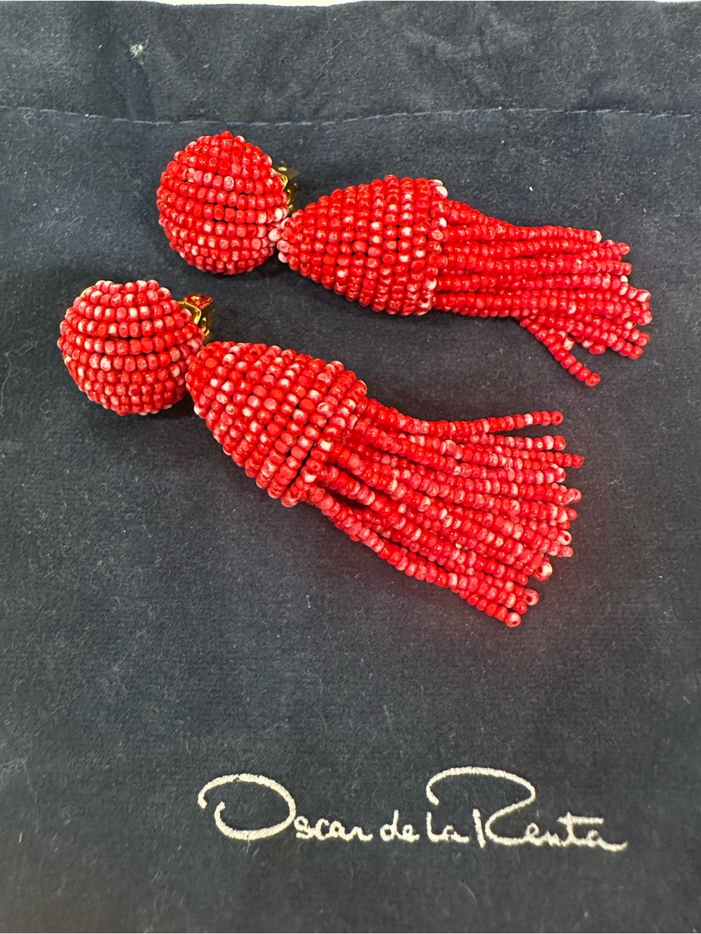 Oscar de la Renta Vibrant Red Beaded Tassel Drop Earrings